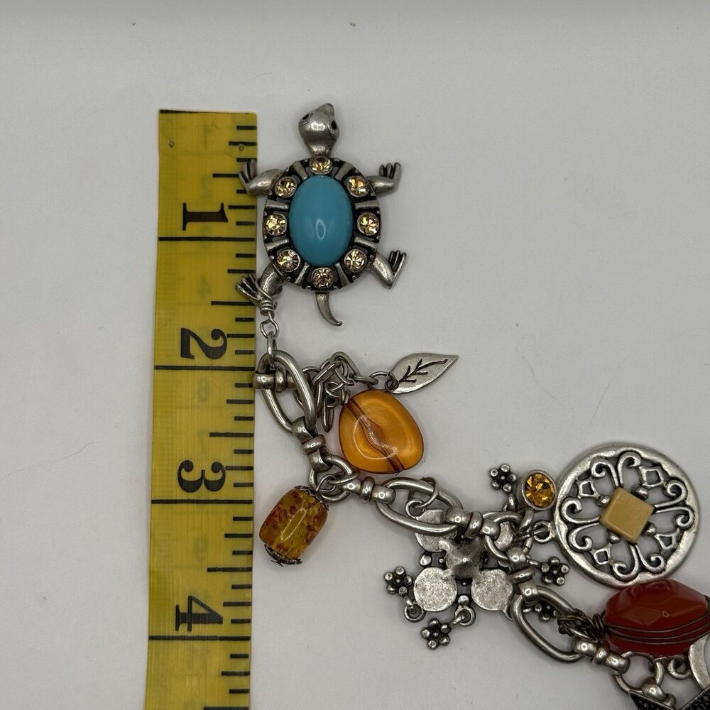 Vintage 925 Sterling Silver Mixed Charm Bracelet Turquoise Amber Frog Turtle 70g - Picture 13 of 14